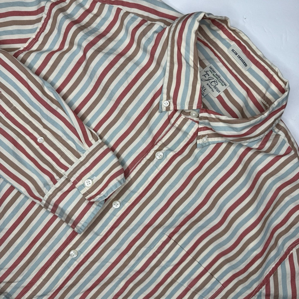 J. Crew Secret Wash Shirt Men's XL Red Blue Cream Striped Slim Untucked Fit